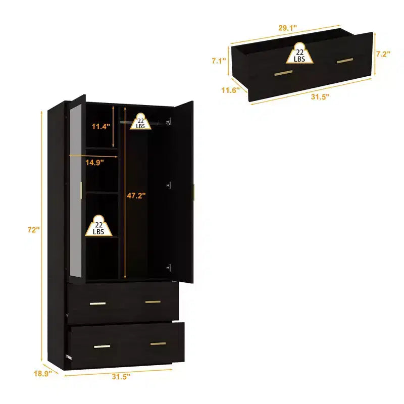 Famapy Wardrobe Clothes Organiser Multi Storage with Mirror and Hanging Rods