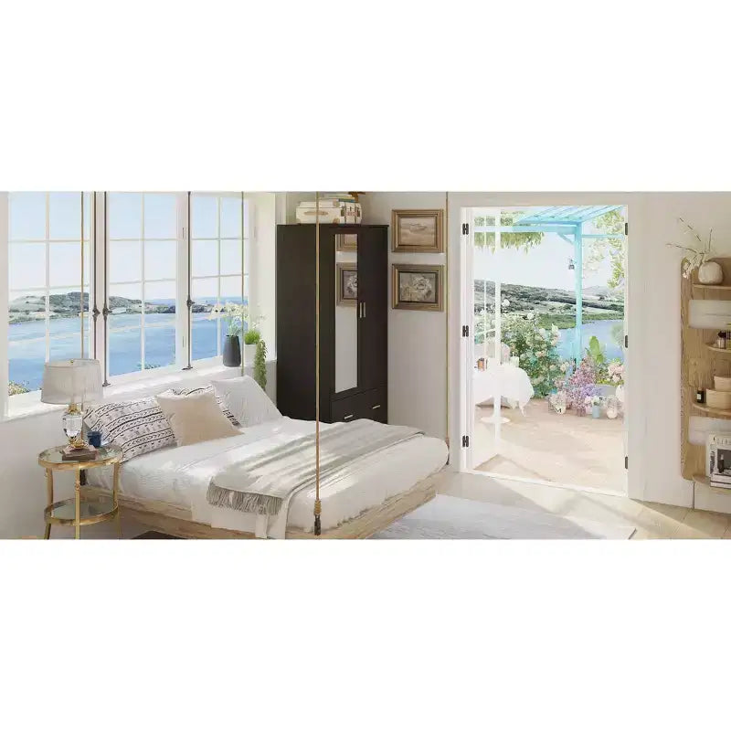 Famapy Wardrobe Clothes Organiser Multi Storage with Mirror and Hanging Rods
