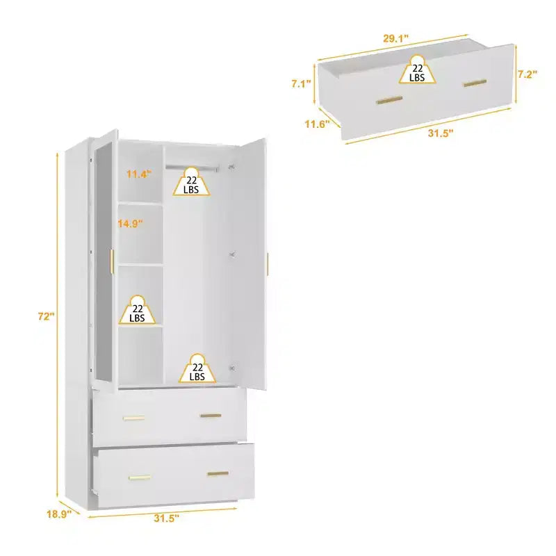 Famapy Wardrobe Clothes Organiser Multi Storage with Mirror and Hanging Rods