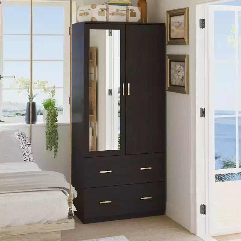Famapy Wardrobe Clothes Organiser Multi Storage with Mirror and Hanging Rods