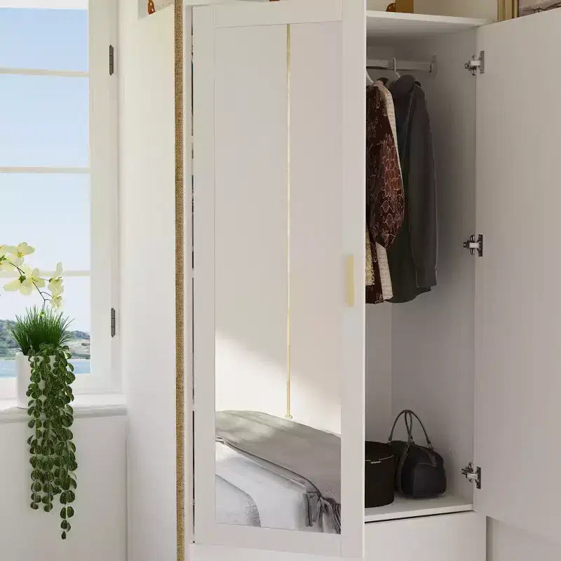 Famapy Wardrobe Clothes Organiser Multi Storage with Mirror and Hanging Rods