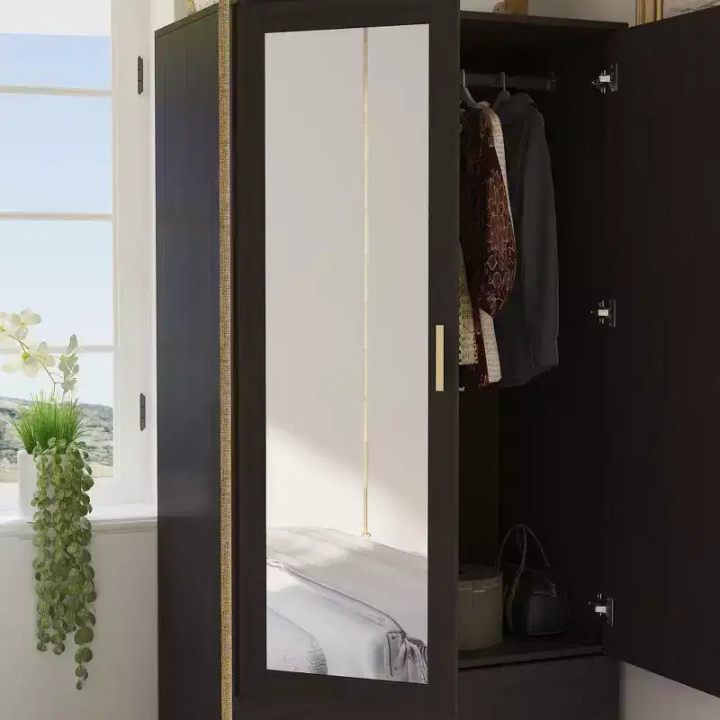 Famapy Wardrobe Clothes Organiser Multi Storage with Mirror and Hanging Rods