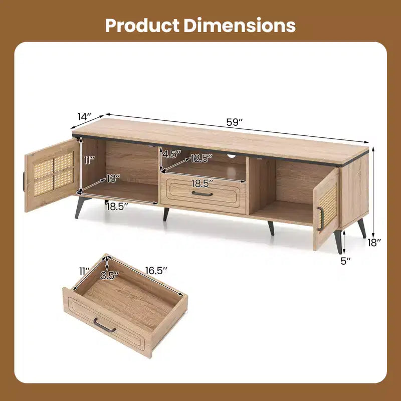 Costway Boho TV Stand for 65 Inch TVs Modern Entertainment Center with Drawer 2 Storage