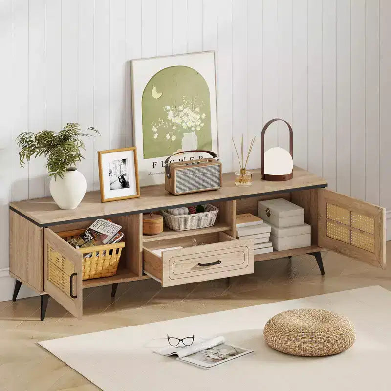 Costway Boho TV Stand for 65 Inch TVs Modern Entertainment Center with Drawer 2 Storage