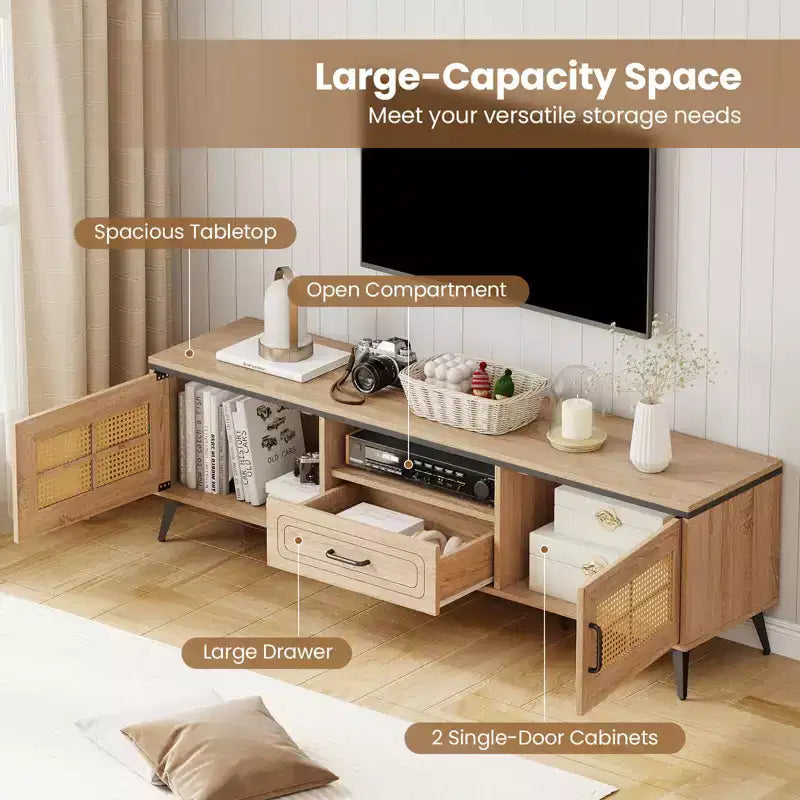 Costway Boho TV Stand for 65 Inch TVs Modern Entertainment Center with Drawer 2 Storage
