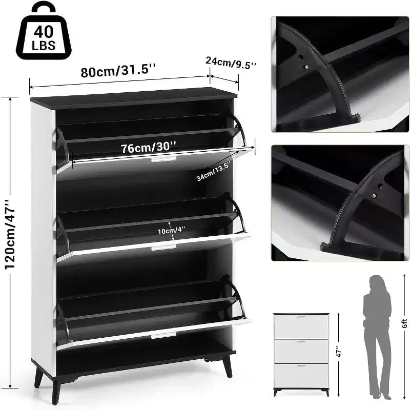 Shoe Cabinet, Shoe Storage Cabinet with 3 Flip Drawers, 47 Freestanding Shoes Organizer with Legs