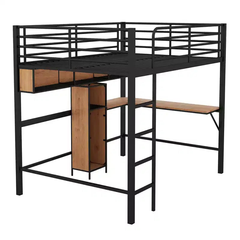 Full Size Loft Bed with L-Shaped Desk and Shelves, Metal & Wood Loft Bed Frame, Black and Brown - ModernLuxe