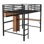 Full Size Loft Bed with L-Shaped Desk and Shelves, Metal & Wood Loft Bed Frame, Black and Brown - ModernLuxe