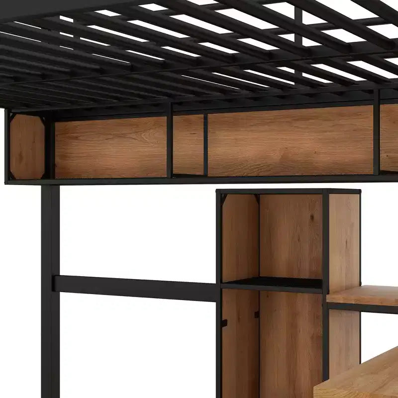 Full Size Loft Bed with L-Shaped Desk and Shelves, Metal & Wood Loft Bed Frame, Black and Brown - ModernLuxe
