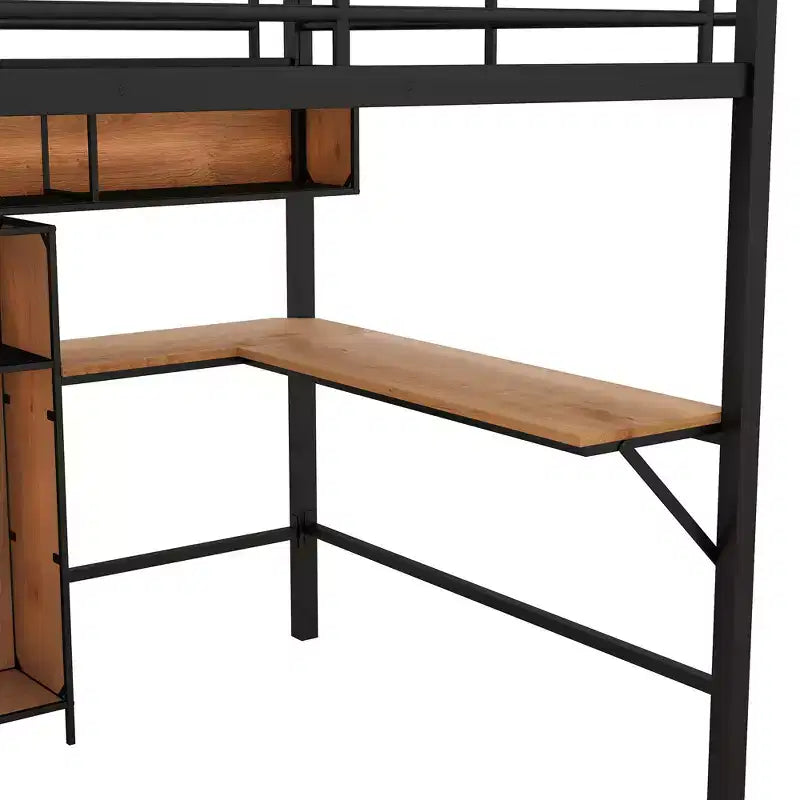 Full Size Loft Bed with L-Shaped Desk and Shelves, Metal & Wood Loft Bed Frame, Black and Brown - ModernLuxe