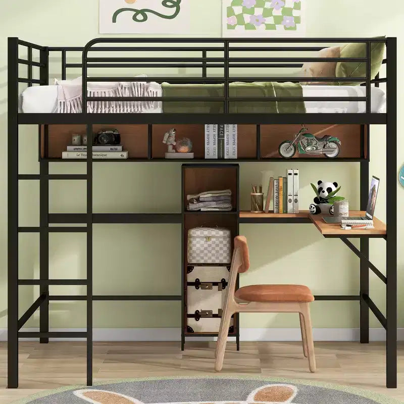 Full Size Loft Bed with L-Shaped Desk and Shelves, Metal & Wood Loft Bed Frame, Black and Brown - ModernLuxe