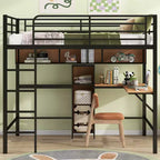 Full Size Loft Bed with L-Shaped Desk and Shelves, Metal & Wood Loft Bed Frame, Black and Brown - ModernLuxe