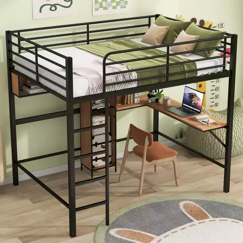 Full Size Loft Bed with L-Shaped Desk and Shelves, Metal & Wood Loft Bed Frame, Black and Brown - ModernLuxe
