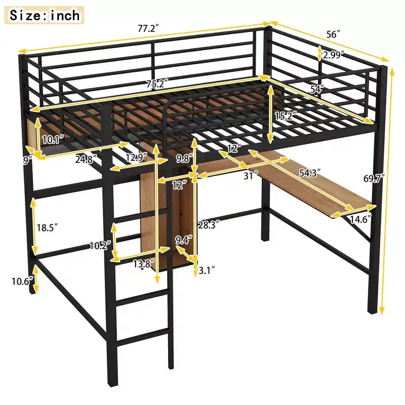 Full Size Loft Bed with L-Shaped Desk and Shelves, Metal & Wood Loft Bed Frame, Black and Brown - ModernLuxe