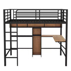 Full Size Loft Bed with L-Shaped Desk and Shelves, Metal & Wood Loft Bed Frame, Black and Brown - ModernLuxe