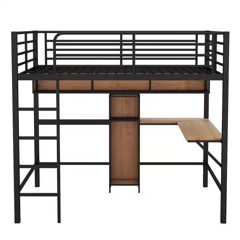 Full Size Loft Bed with L-Shaped Desk and Shelves, Metal & Wood Loft Bed Frame, Black and Brown - ModernLuxe