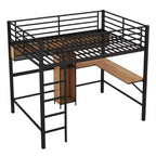 Full Size Loft Bed with L-Shaped Desk and Shelves, Metal & Wood Loft Bed Frame, Black and Brown - ModernLuxe