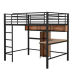 Full Size Loft Bed with L-Shaped Desk and Shelves, Metal & Wood Loft Bed Frame, Black and Brown - ModernLuxe