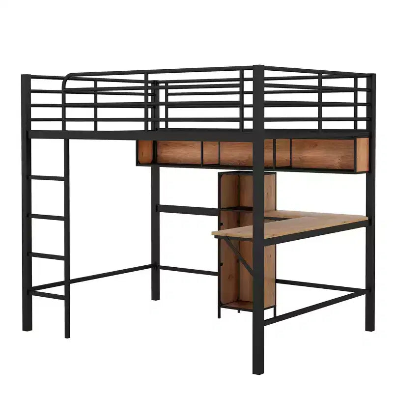 Full Size Loft Bed with L-Shaped Desk and Shelves, Metal & Wood Loft Bed Frame, Black and Brown - ModernLuxe