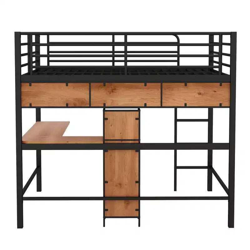 Full Size Loft Bed with L-Shaped Desk and Shelves, Metal & Wood Loft Bed Frame, Black and Brown - ModernLuxe