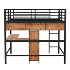 Full Size Loft Bed with L-Shaped Desk and Shelves, Metal & Wood Loft Bed Frame, Black and Brown - ModernLuxe