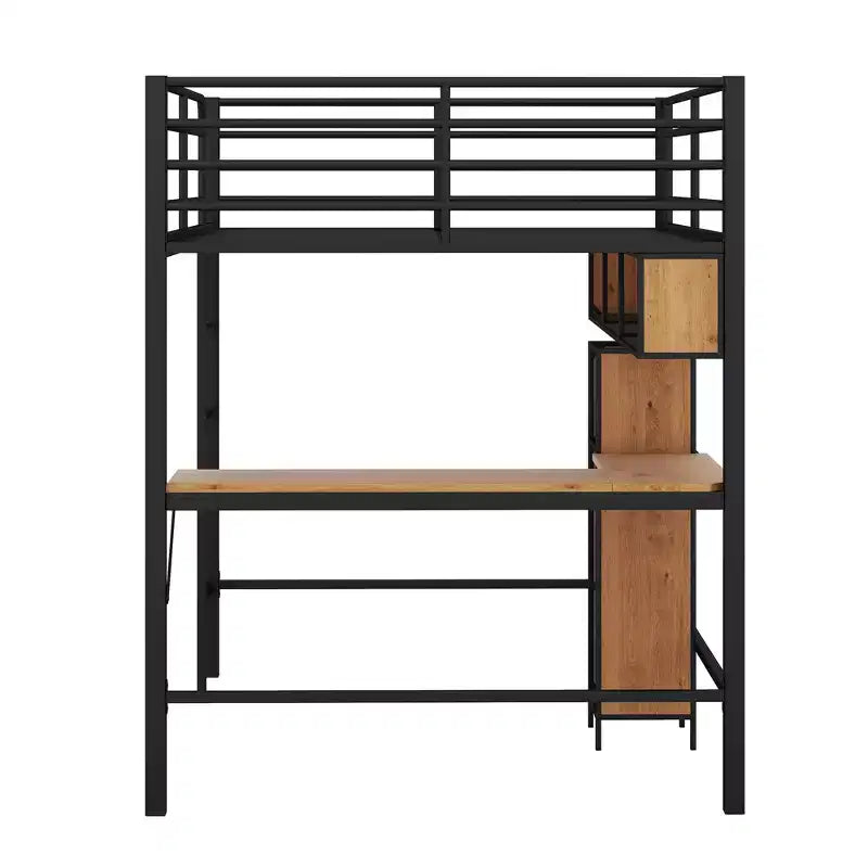 Full Size Loft Bed with L-Shaped Desk and Shelves, Metal & Wood Loft Bed Frame, Black and Brown - ModernLuxe