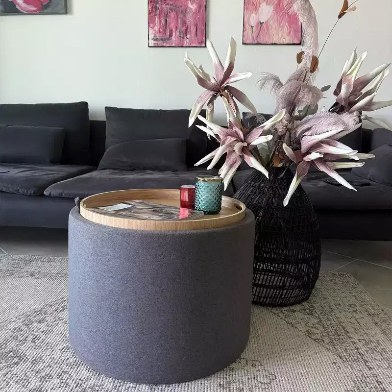 HOMCOM Storage Ottoman Coffee Table with Flip Top Tray and Hidden Space, Round Foot Stool with Linen-feel Fabric Upholstery