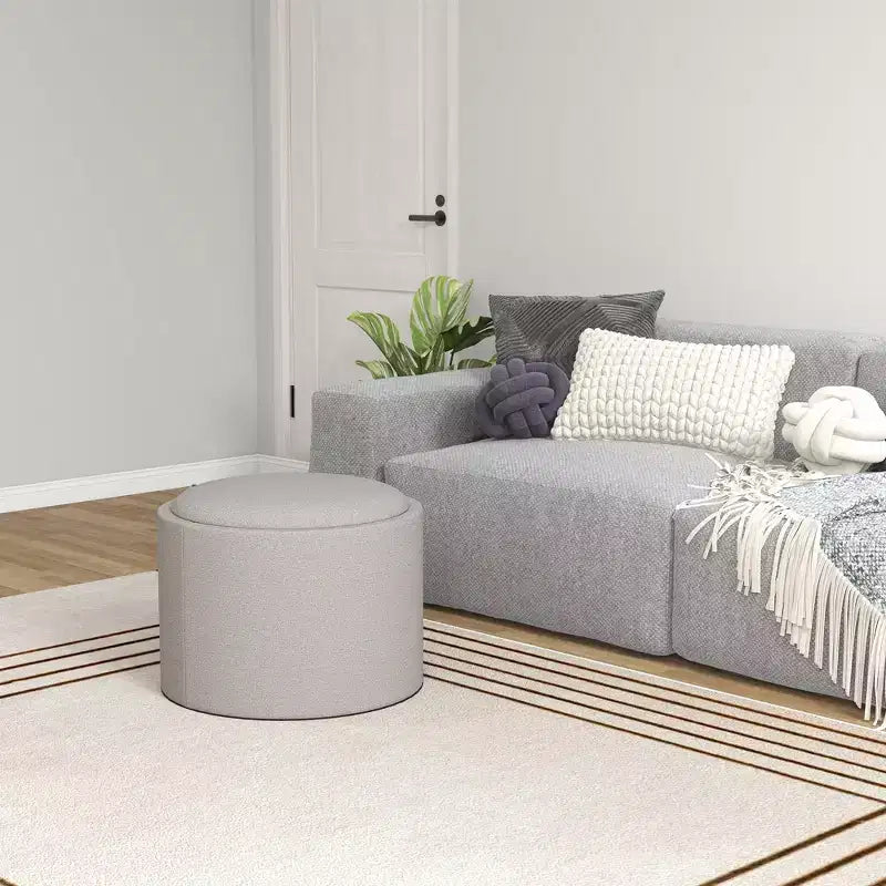 HOMCOM Storage Ottoman Coffee Table with Flip Top Tray and Hidden Space, Round Foot Stool with Linen-feel Fabric Upholstery