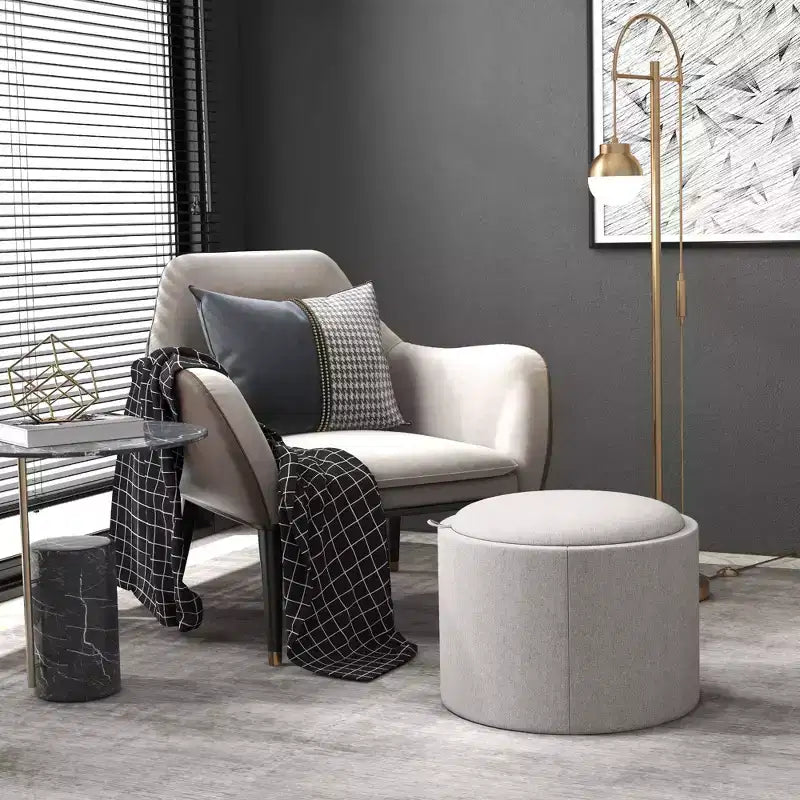 HOMCOM Storage Ottoman Coffee Table with Flip Top Tray and Hidden Space, Round Foot Stool with Linen-feel Fabric Upholstery