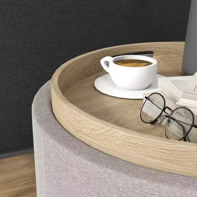 HOMCOM Storage Ottoman Coffee Table with Flip Top Tray and Hidden Space, Round Foot Stool with Linen-feel Fabric Upholstery