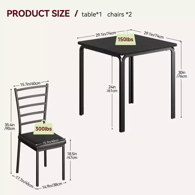 Dining Table for 2, Small Table and Chairs Set of 2, Dinette Set for 2, Square Dinner Table Set, 3 Piece Kitchen & Dining Room Sets for Small Space