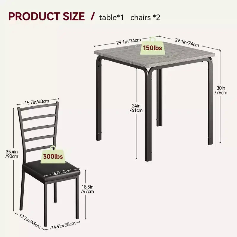 Dining Table for 2, Small Table and Chairs Set of 2, Dinette Set for 2, Square Dinner Table Set, 3 Piece Kitchen & Dining Room Sets for Small Space