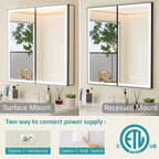 Grand Medicine Cabinet with Mirror and Light, Recessed/Mount Bathroom Medicine Cabinets, Defogger Mirror, Adjustable Shelves, Dimmable, Black