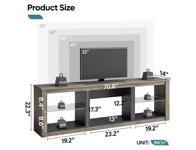 Bestier 71 TV Stand Modern Entertainment Center for TVs up to 75 with LED Light, TV Console Table with Storage Shelves for Living Room
