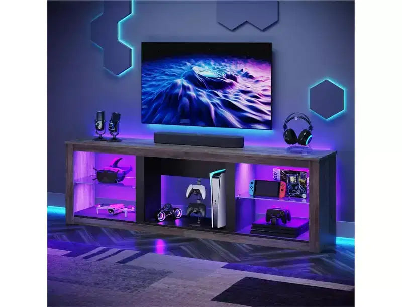 Bestier 71 TV Stand Modern Entertainment Center for TVs up to 75 with LED Light, TV Console Table with Storage Shelves for Living Room