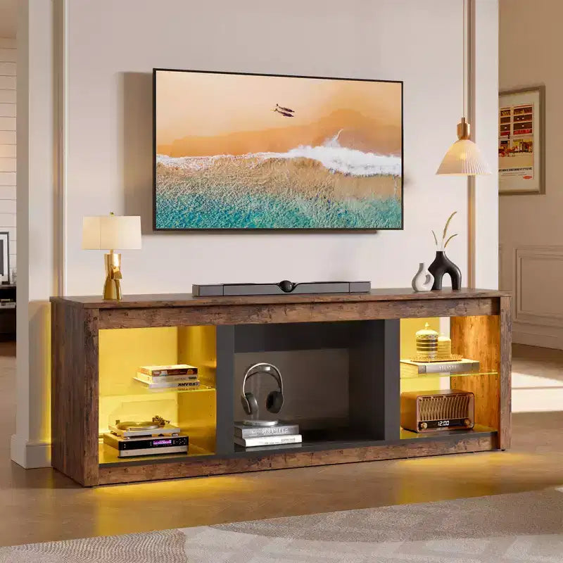 Bestier 71 TV Stand Modern Entertainment Center for TVs up to 75 with LED Light, TV Console Table with Storage Shelves for Living Room