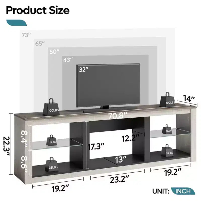 Bestier 71 TV Stand Modern Entertainment Center for TVs up to 75 with LED Light, TV Console Table with Storage Shelves for Living Room