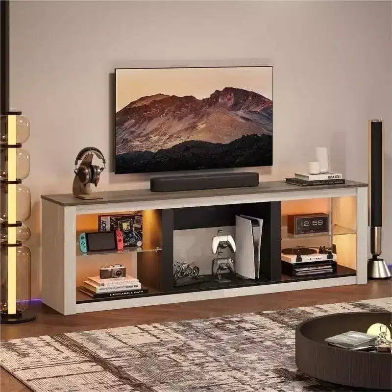 Bestier 71 TV Stand Modern Entertainment Center for TVs up to 75 with LED Light, TV Console Table with Storage Shelves for Living Room
