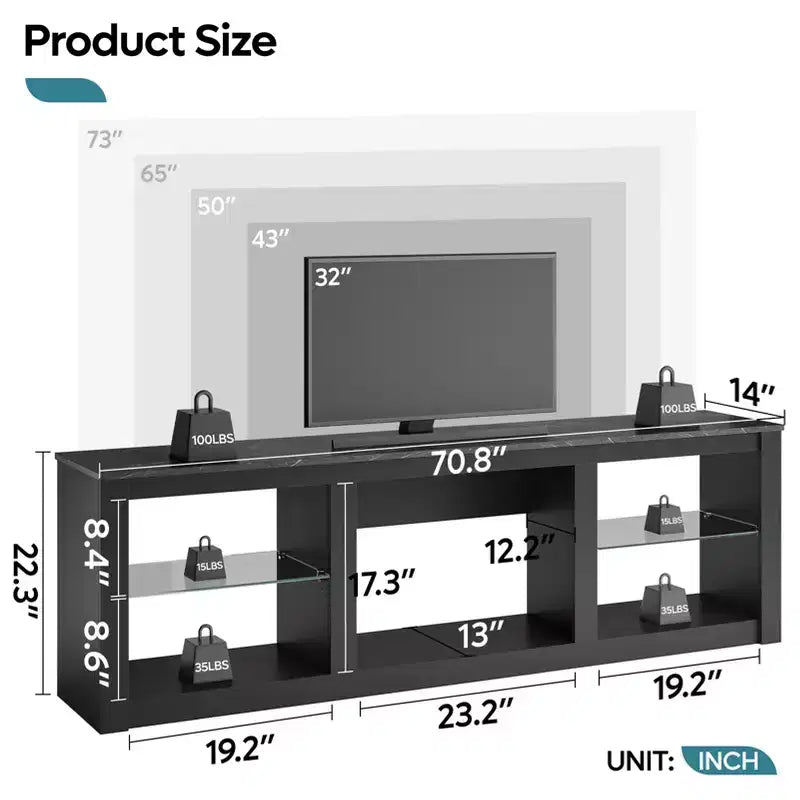 Bestier 71 TV Stand Modern Entertainment Center for TVs up to 75 with LED Light, TV Console Table with Storage Shelves for Living Room