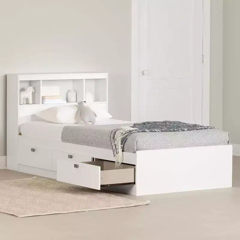 HomeStock 14.75 in.H Twin Size White with Bookcase Beds made of Particle Board Bed Frame