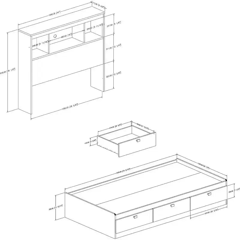 HomeStock 14.75 in.H Twin Size White with Bookcase Beds made of Particle Board Bed Frame