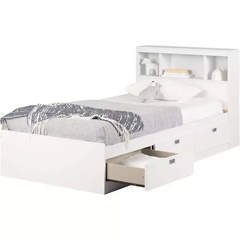 HomeStock 14.75 in.H Twin Size White with Bookcase Beds made of Particle Board Bed Frame