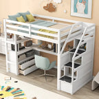 Twin Size Loft Bed with Desk and Shelves, Two Built-in Drawers, Storage Staircase