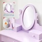 Girls' Vanity Set with Mirror, Makeup Table and Stool for Kids, Wood Dressup Playset for 4-9, Purple
