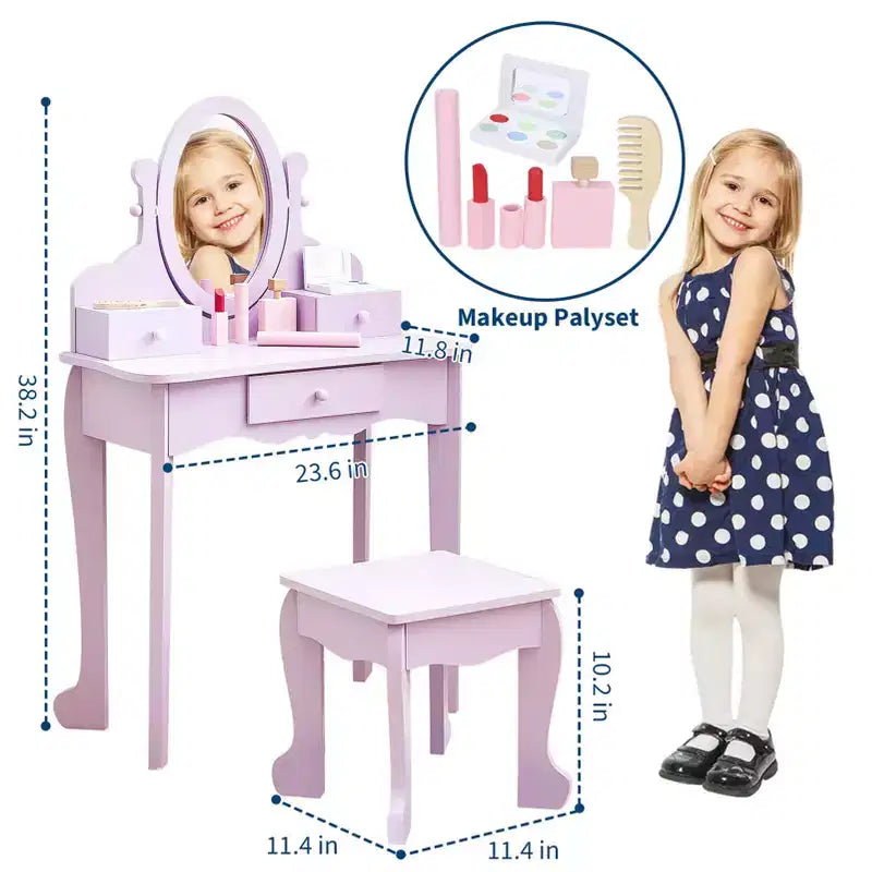 Girls' Vanity Set with Mirror, Makeup Table and Stool for Kids, Wood Dressup Playset for 4-9, Purple