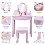 Girls' Vanity Set with Mirror, Makeup Table and Stool for Kids, Wood Dressup Playset for 4-9, Purple