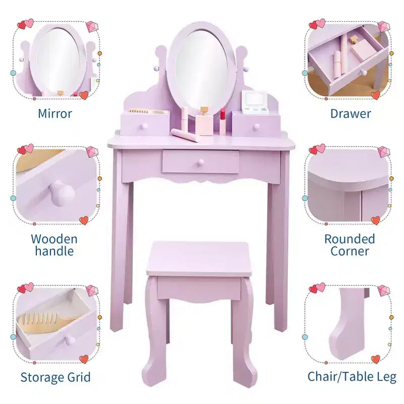 Girls' Vanity Set with Mirror, Makeup Table and Stool for Kids, Wood Dressup Playset for 4-9, Purple
