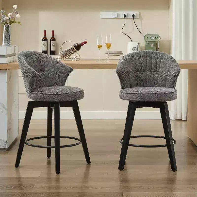 Zeus & Ruta Set of 2 Wingback 25 Swivel Bar Stools with Chenille Upholstery, Wood Legs and Adjustable Height
