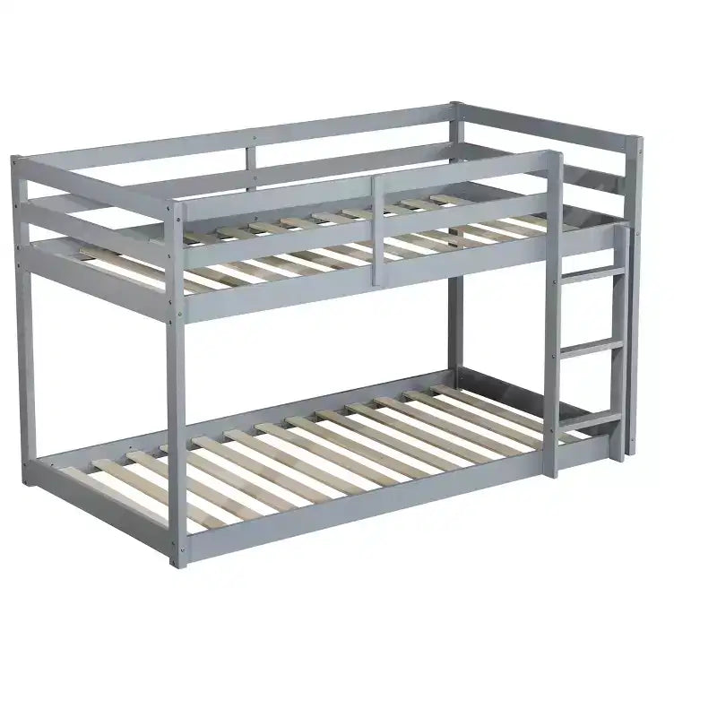 MATEERTY Solid Wooden, Twin Floor Bunk Bed wit Ladder, Upper and Bottom Bed Platforms Crafted with Stregthened Slats Gray