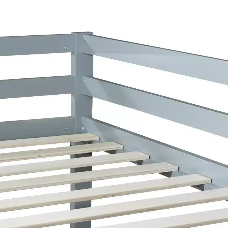 MATEERTY Solid Wooden, Twin Floor Bunk Bed wit Ladder, Upper and Bottom Bed Platforms Crafted with Stregthened Slats Gray